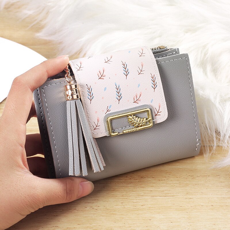 Kwasten Korte Portemonnee Tas Voor Vrouwen Pu Lederen Clutch Tassen Leuke Koreaanse Kaarthouder Vrouwelijke Vouwen Kleine Portemonnee bolsas: gray