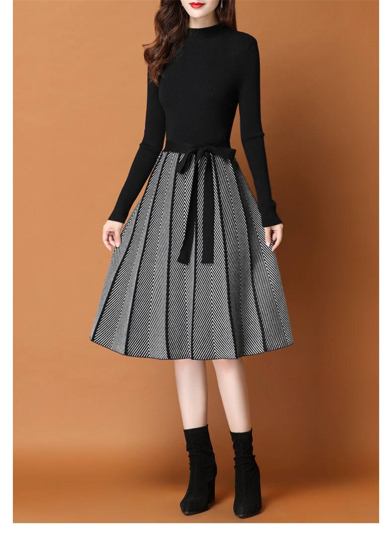 Knitted Sweater Pleated Dress Female Autumn Winter Dress Long Sleeve Sweater Women Dress Office Lady Casual Midi Dress: black / M 45-50kg