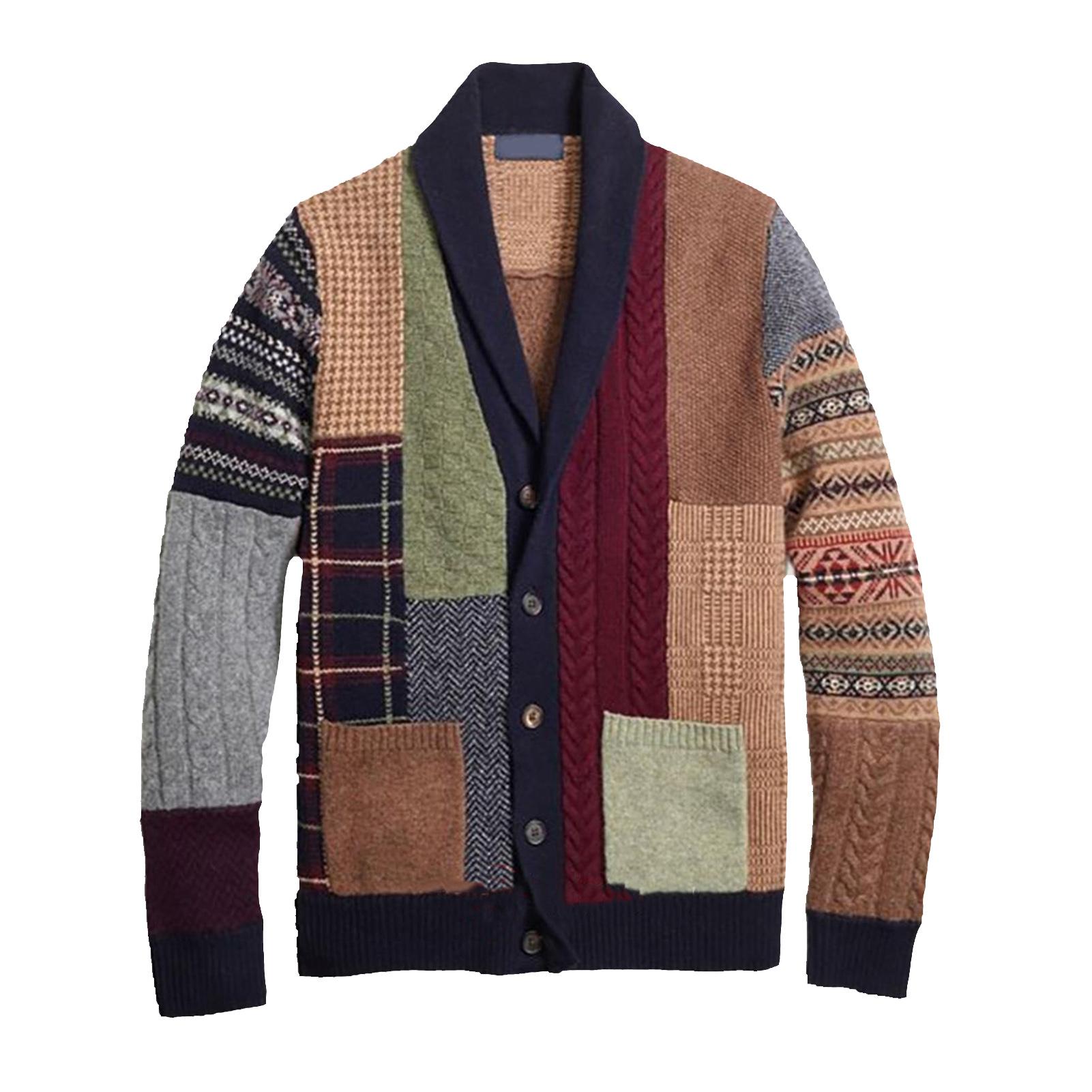 Pull à capuche en tricot Style ethnique pour homme, Vintage, Cardigan, veste, Patchwork, vêtement d&#39;extérieur, automne