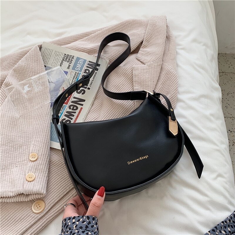 Casual Solid Color Small Crossbody Bags for Women Simple PU Leather Letter Shoulder Bag Ladies Purses and Handbags: Black