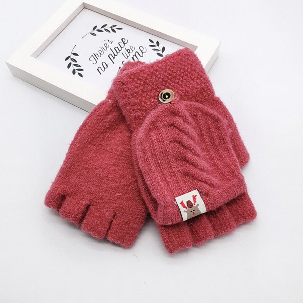 Winter Gloves Children Kids Warm Knitted Convertible Flip Top Fingerless Mittens Gloves Plus Thick Male Mitten L3: Red