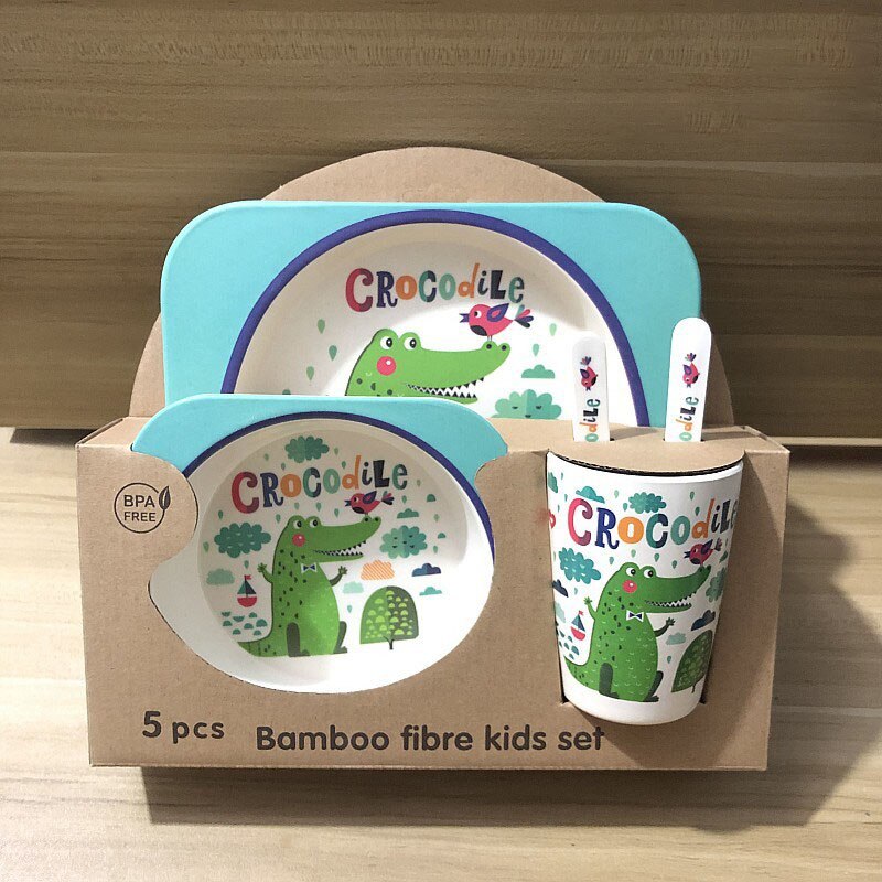 5pcs/set Baby Dish Tableware Children Cartoon Feeding Dishes Kids Natural Bamboo Fiber Dinnerware With Bowl Fork Cup Spoon Plate: Type 7
