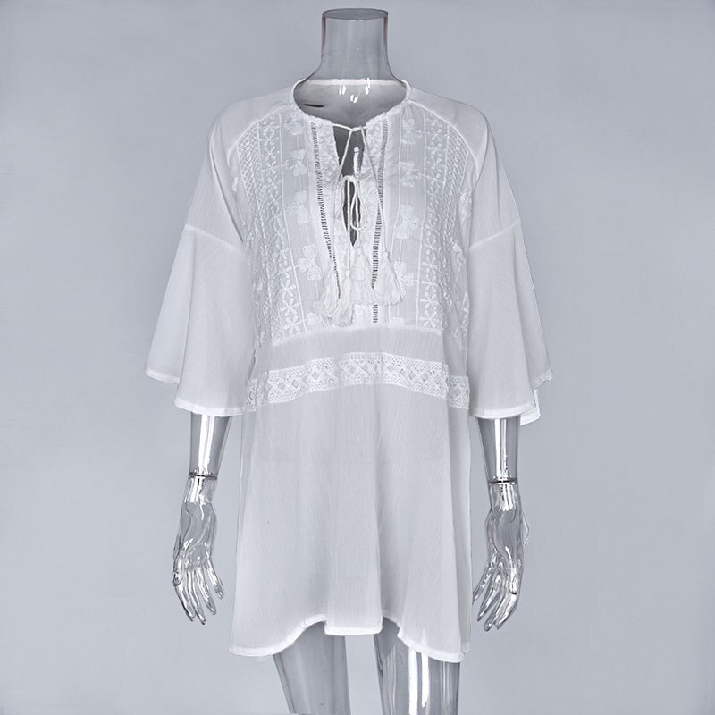 Swim Cover Up Kaftan Strand Gewaad Plage Beachwear Pareo Voor De Saida De Praia Hoorn Lange Mouwen Kleding Losse Chiffon verstoorde Lace