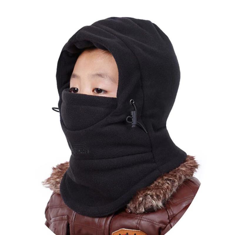 Hat winter children's bib hood double-thick thick cold warm hat children gril and boy go to school windproof cap: Black