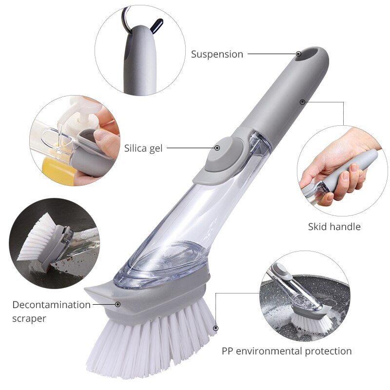 KONCO Handheld Keuken Borstel Set met Zeep Container Dispenser, 4 Vervangbare Zeep Doseren Gootsteen Borstel voor Pan, pot