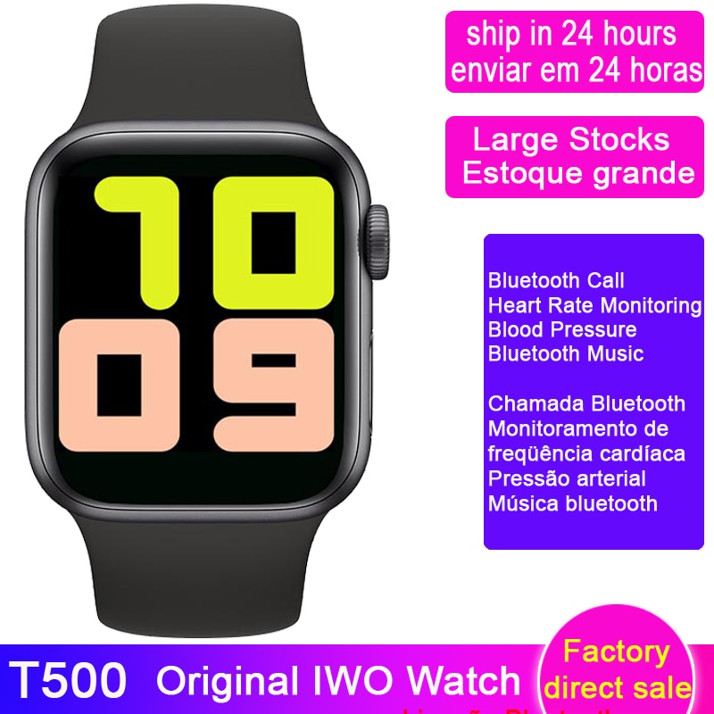 Iwo 10 t500 relógio inteligente tela sensível ao toque completa mtk2502 smartwatch monitor de freqüência cardíaca relógio de pulso 44mm iwo 12 vs t500s