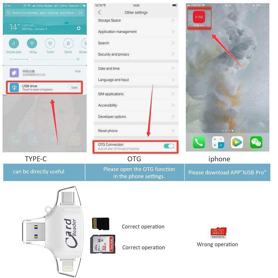 Lector de tarjetas Micro SD 4 en 1 tipo C, adaptador Lightning para iPhone, Android, iPad, MacBook, USB, OTG, extensión de teléfono