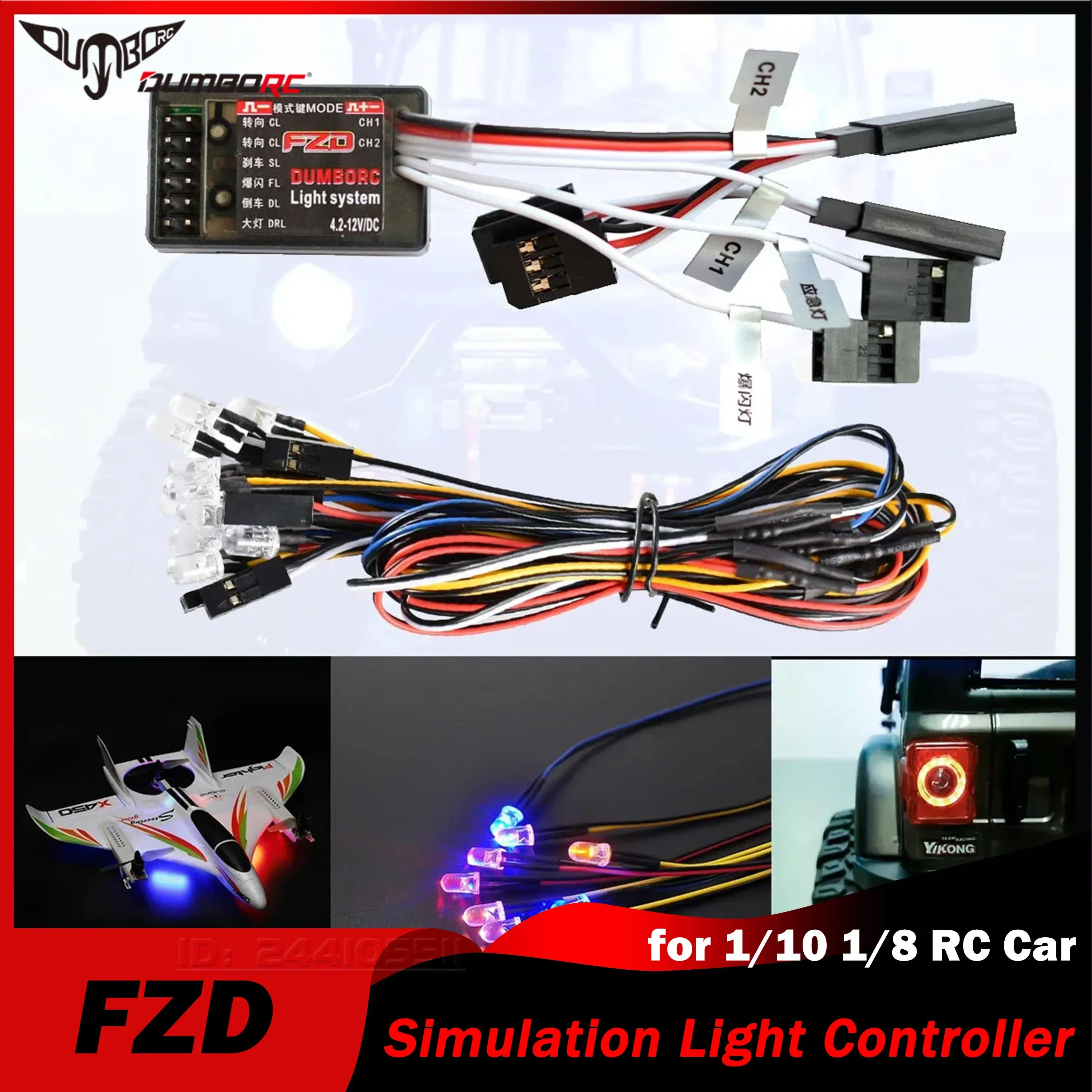 DUMBORC RC Car FZD Simulation Light Controller with 12 LED System Kit for 1/10 1/8 Truck Drift TAMIYA CC01 4WD Axial SCX10 Part