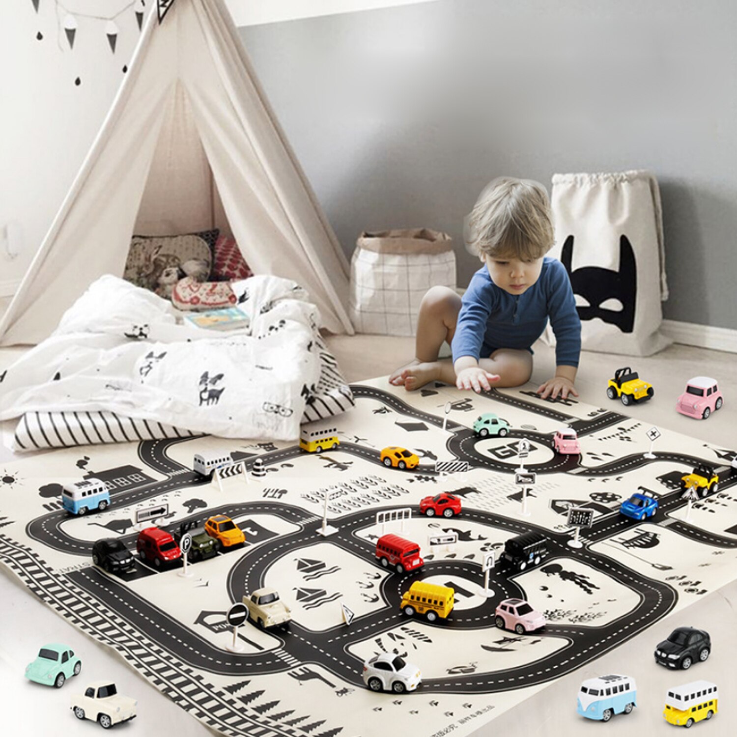 130 x 100cm børn børn trafik vejspil spille spilmåtte pædagogisk legetøj med 18 stk skilte til hjemmefødselsdag jul