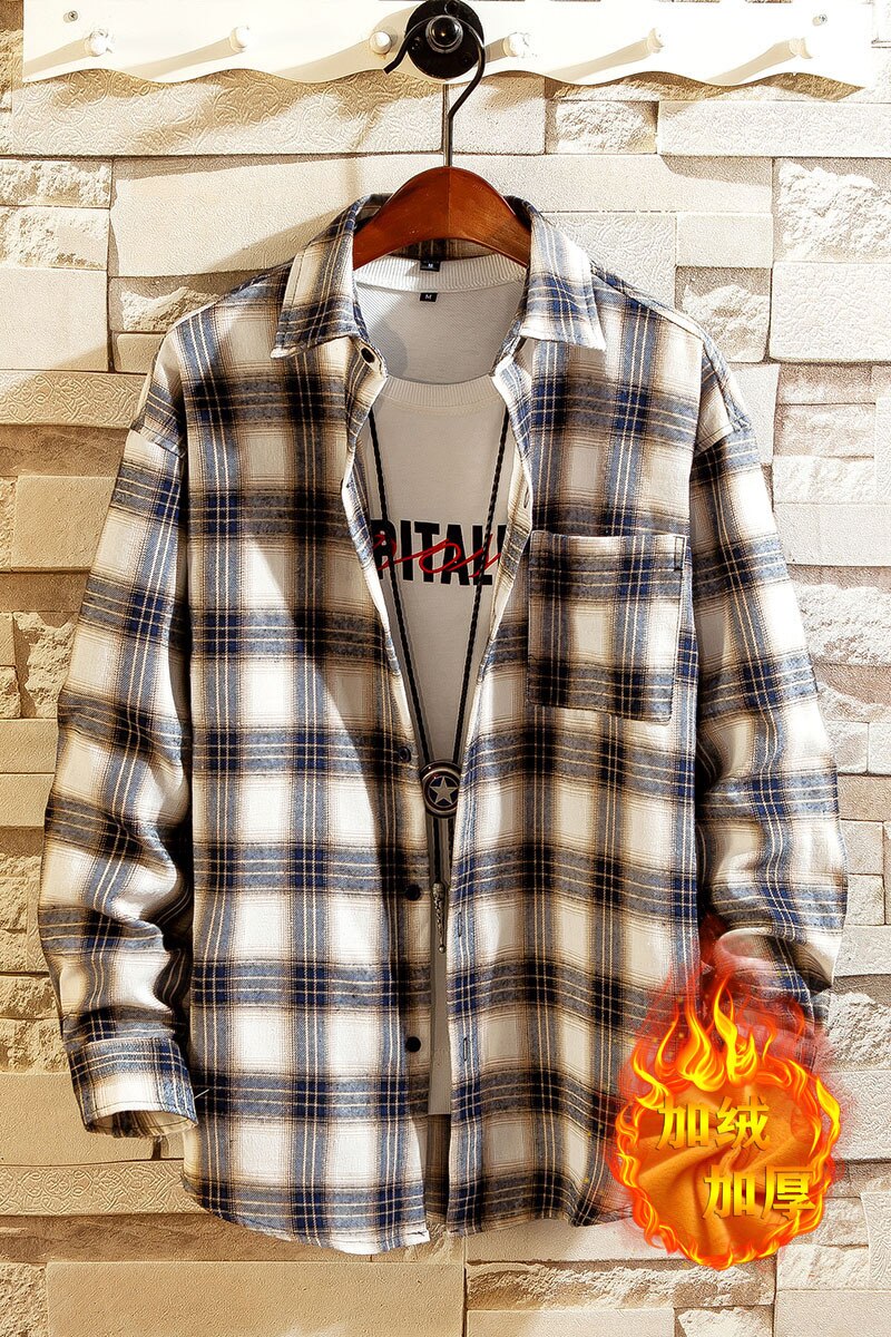 Men Clothes Men's Warm Shirt Plus Velvet Thick Youth Plaid Winter Undershirt Long Sleeve Youth Shirt
