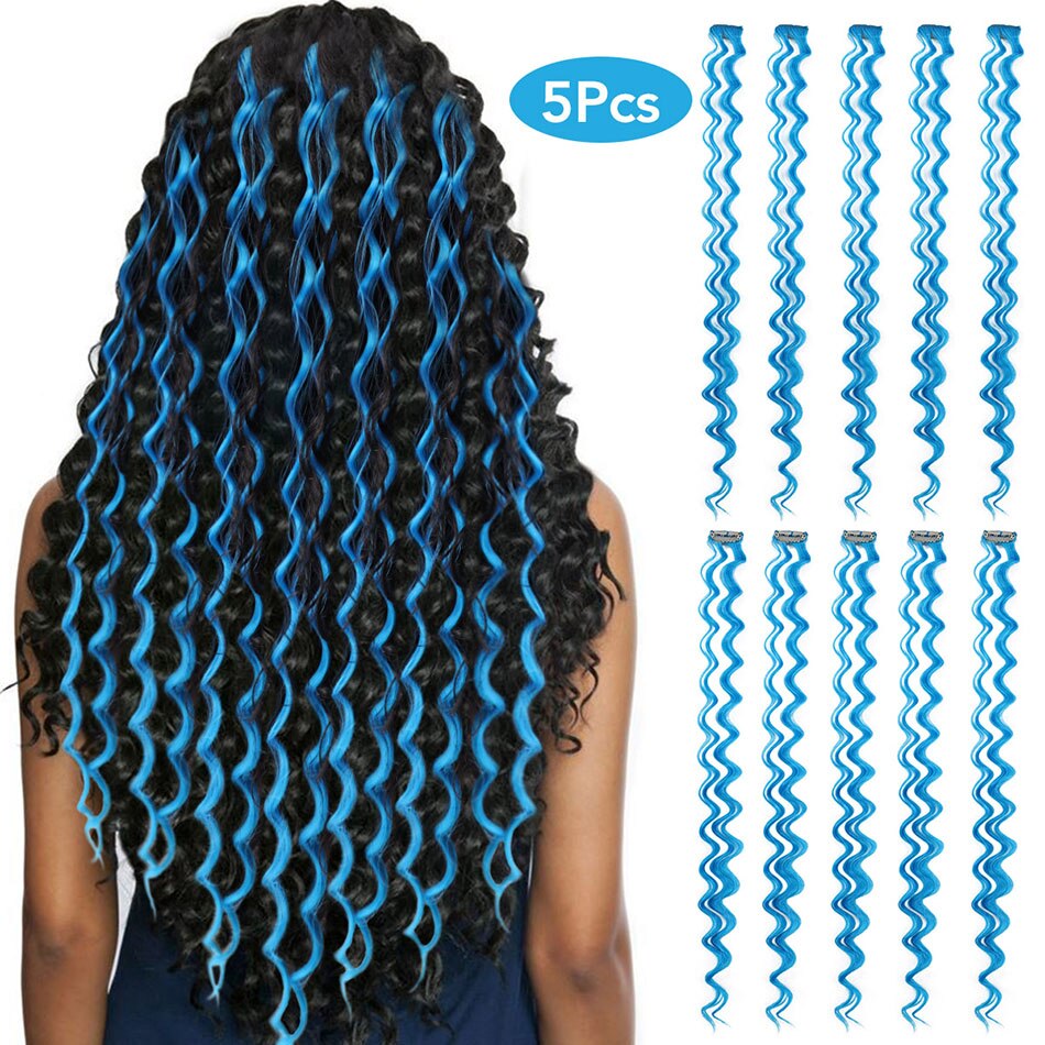 MEEPO pelo sintético con pinza en extensiones de cabello de una pieza oscuro largo onda color destacar de la extensión del pelo para mujeres 5 unids/set: Blue