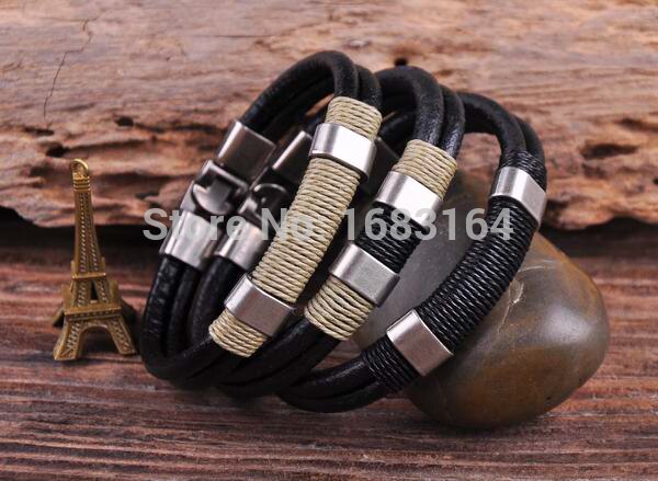 G33 Surfer Handmade 4mm Leather Hemp Men's Wristband Bracelet Cuff All Black