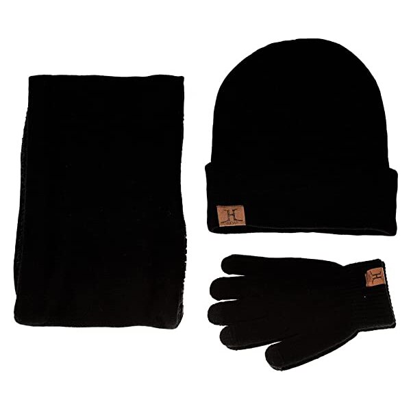 Winter Warm Beanie Hat Scarf Gloves Set Unisex Winter Warm Knitted Beanie Hat Neck Glove for Men Women XRQ88: Black 3 piece H