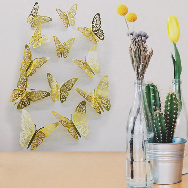 12 stk/parti 3d sommerfugle vægklistermærker wallstickers boligindretning hule sommerfugleklistermærker til børneværelset vægmærkat køleskabsindretning