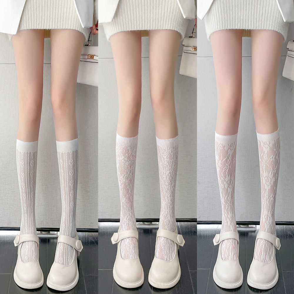 Lace Flower Print Long Socks Lingerie Sexy Mesh Fishnet High Knee Sock Women Summer Thin Transparent Lolita Kawaii Calf Socks