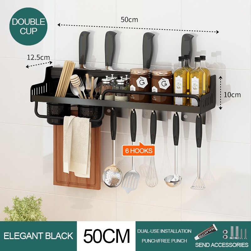 Slagfri köksförvaringshylla väggmonterad kryddhylla multifunktionell arrangörshållare hushållsförvaring köksmaterial: 50cm 2 kopp