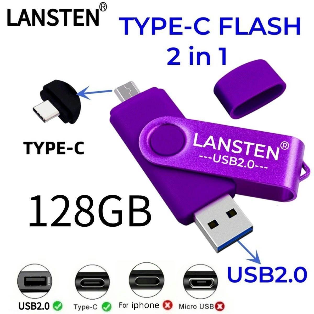 128GB USB C Flash Drive, 2 in 1 USB 2.0 Type C Thumb Drive Photo Memory Stick for Android Phones/Tablet/PC/Mac: PURPLE
