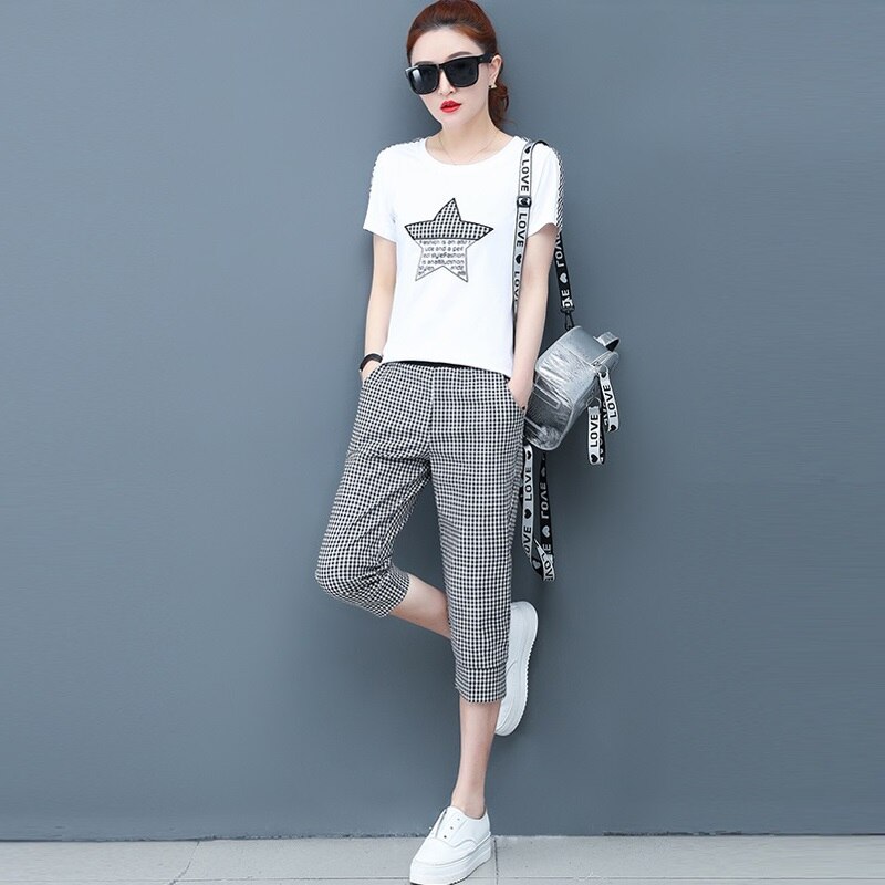 Summer Casual Tracksuit Pant Sets 2 Piece Set Women Short Sleeve T-shirt And Plaid Pants Suits