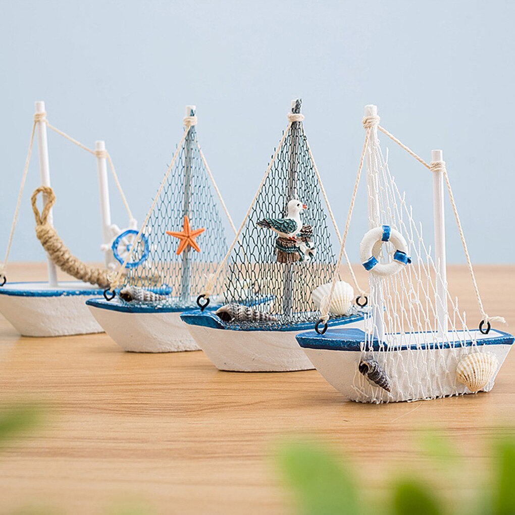 1pc mini middelhavsstil marine nautisk træ blå sejlbåd skib træ håndværk ornamenter festlokale boligindretning