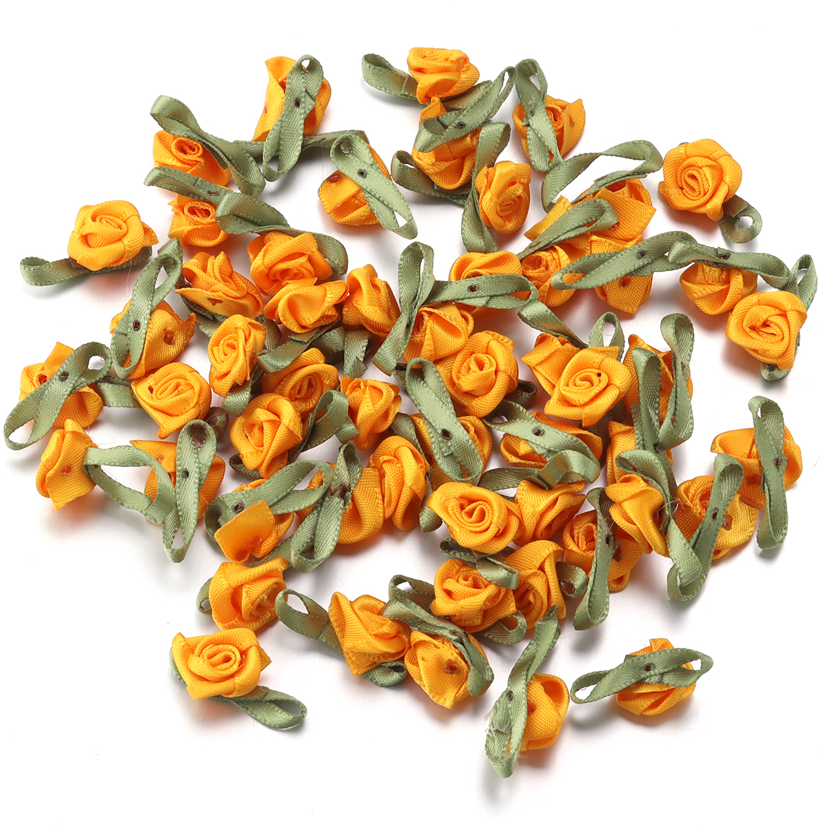 Cinta de satén para manualidades, 50 piezas, brotes de rosas de 1,5x2,5 cm, flores con hojas verdes para álbumes de recortes, sombreros, prendas de vestir, suministros de decoración de boda: NICKEL