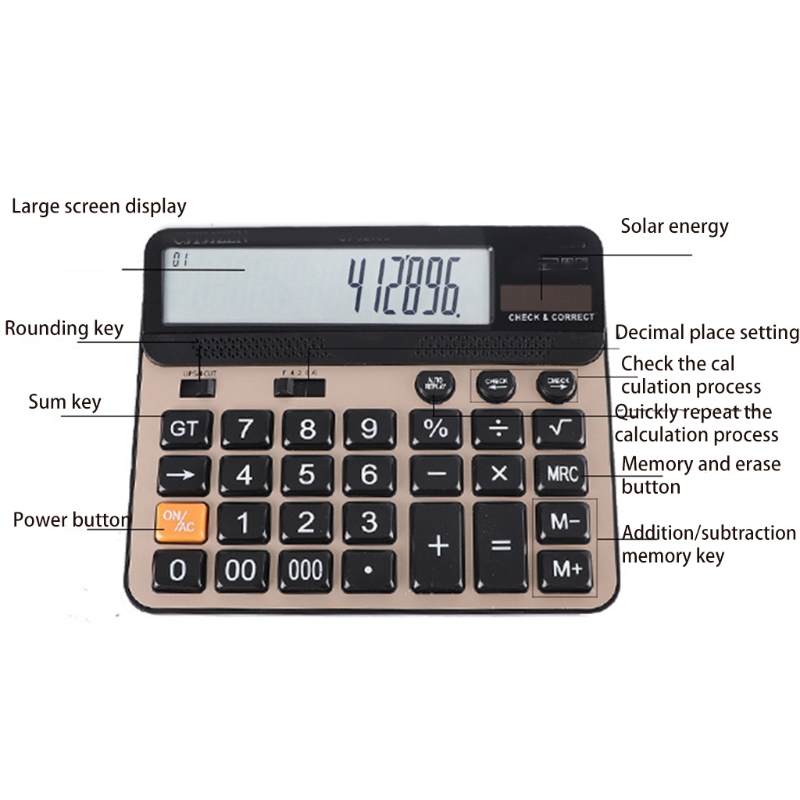 Large Button Calculator Large LCD Display 14 Digits Desktop Check Correct Electronic Calculator with Solar 2 Power