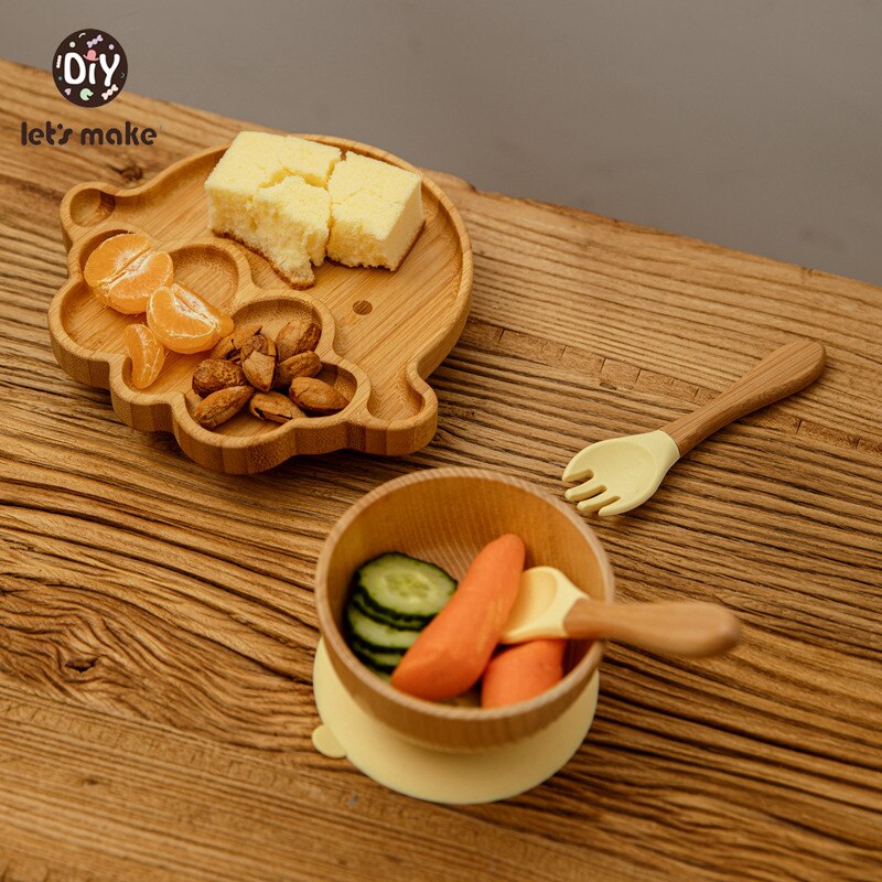 Let&#39;s Make Baby Dinner Plates Set Wooden Cartoon Dinner Plate Fork Spoon Children Feeding Plate Safe Edible Silicone Product
