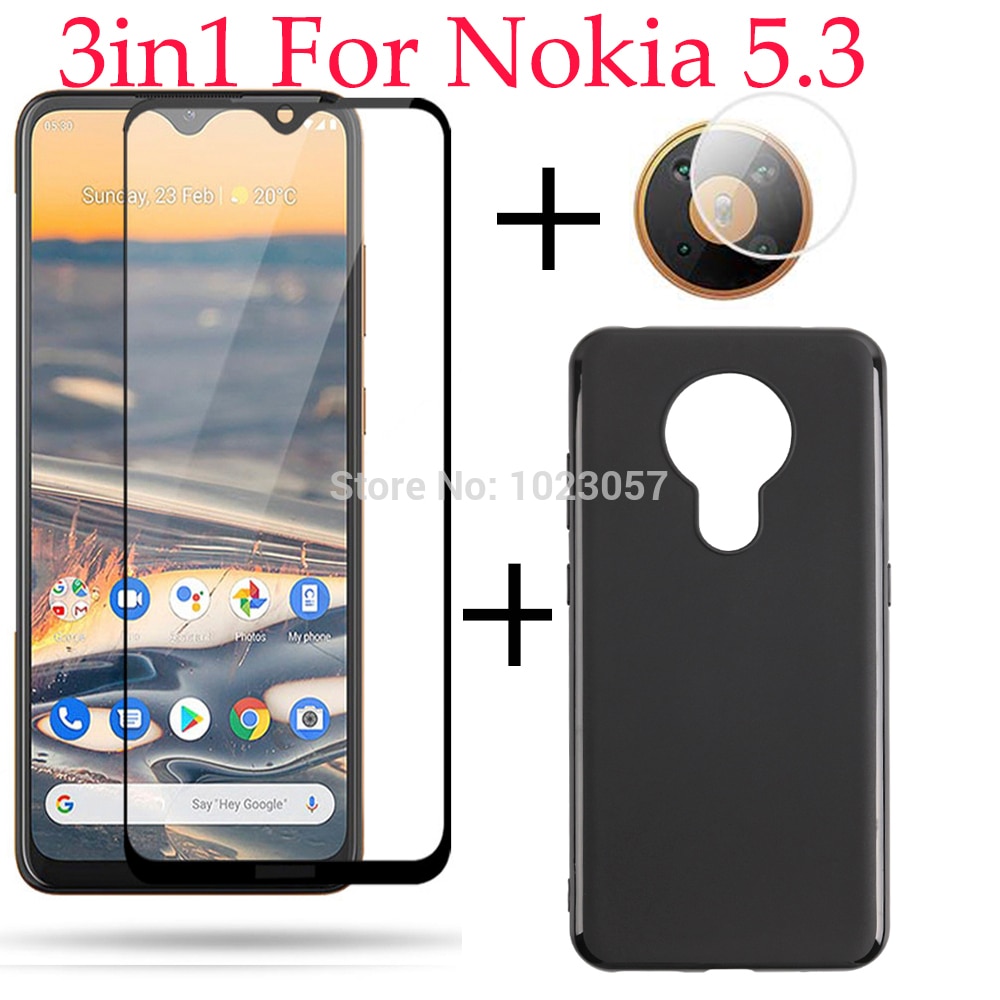 Funda completa templada 3 en 1, cristal Protector de pantalla de lente de cámara para Nokia 5,3 TA-1234 TA-1223 TA-1227 TA-1229: 3 in 1 black case