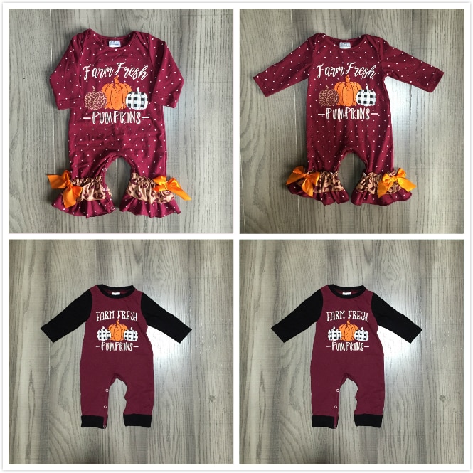 Thanksgiving Girlymax Baby Meisjes Jongens Peuter Wijn Boerderij Verse Pompoen Kleding Baby Romper Stip Katoen Romper Ruches