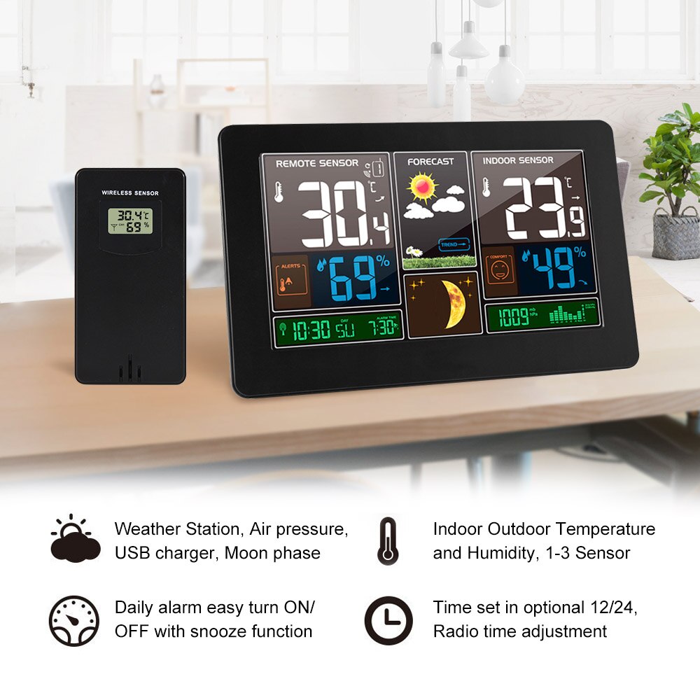 Reloj de pared Digital, estación meteorológica con 3 sensores, termómetro inalámbrico para interior y exterior, higrómetro, barómetro, pronóstico, reloj moderno, 40 ℃