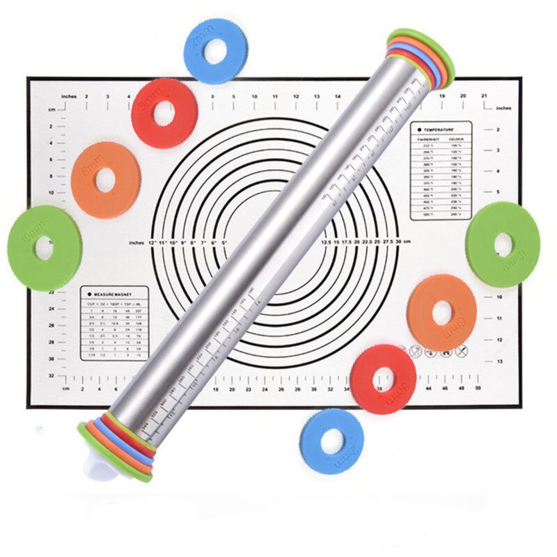 17 Inch Adjustable Stainless Steel Rolling Pin Fondant Dough Mat Silicone Baking Mat Dough Roller Cake Pizza Pastry Baking Tools