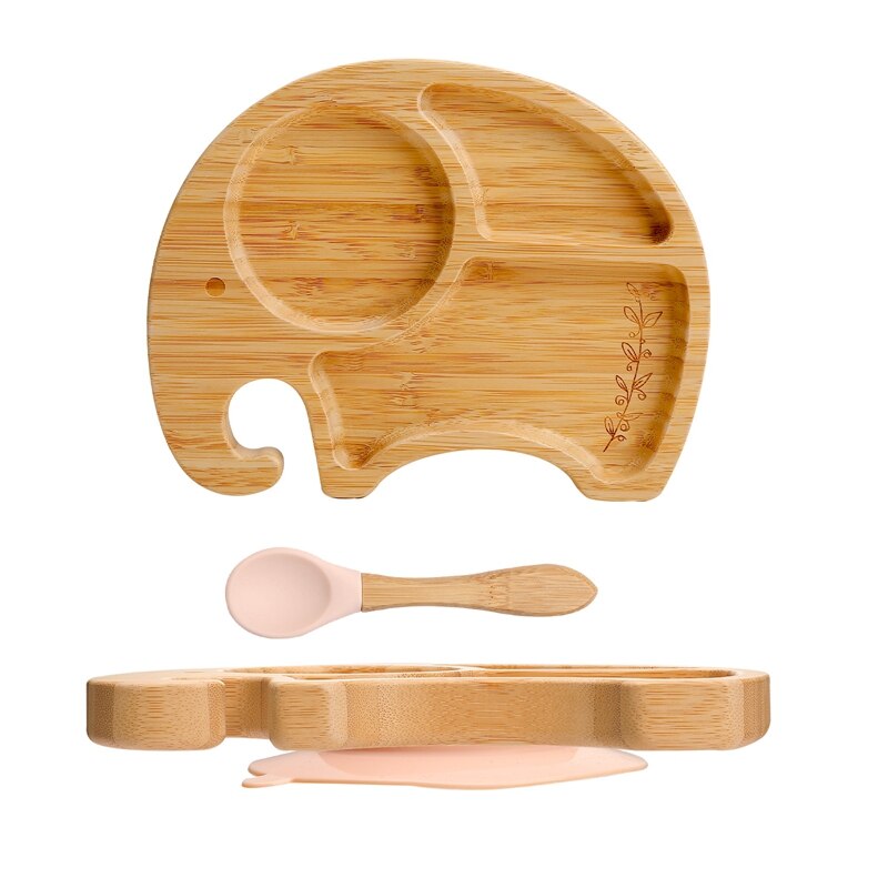 Vaisselle en bois de bambou, accessoires d&#39;alimentation pour bébé, assiette à dîner animaux de dessin animé éléphant avec ventouse, d&#39;anniversaire pour bébé 1 ensemble: peach