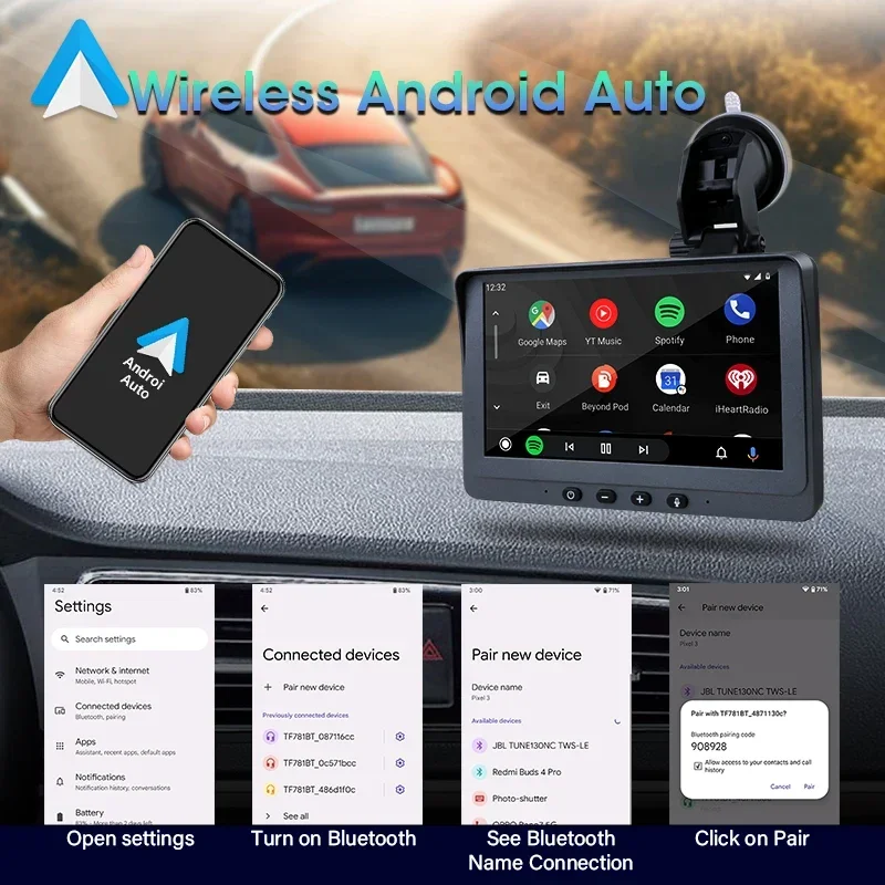Bärbar 7- tums multimediaspelare med trådlös carplay, android auto-pekskärm med usb-aux, dubbel bluetooth-stereo, bilradio