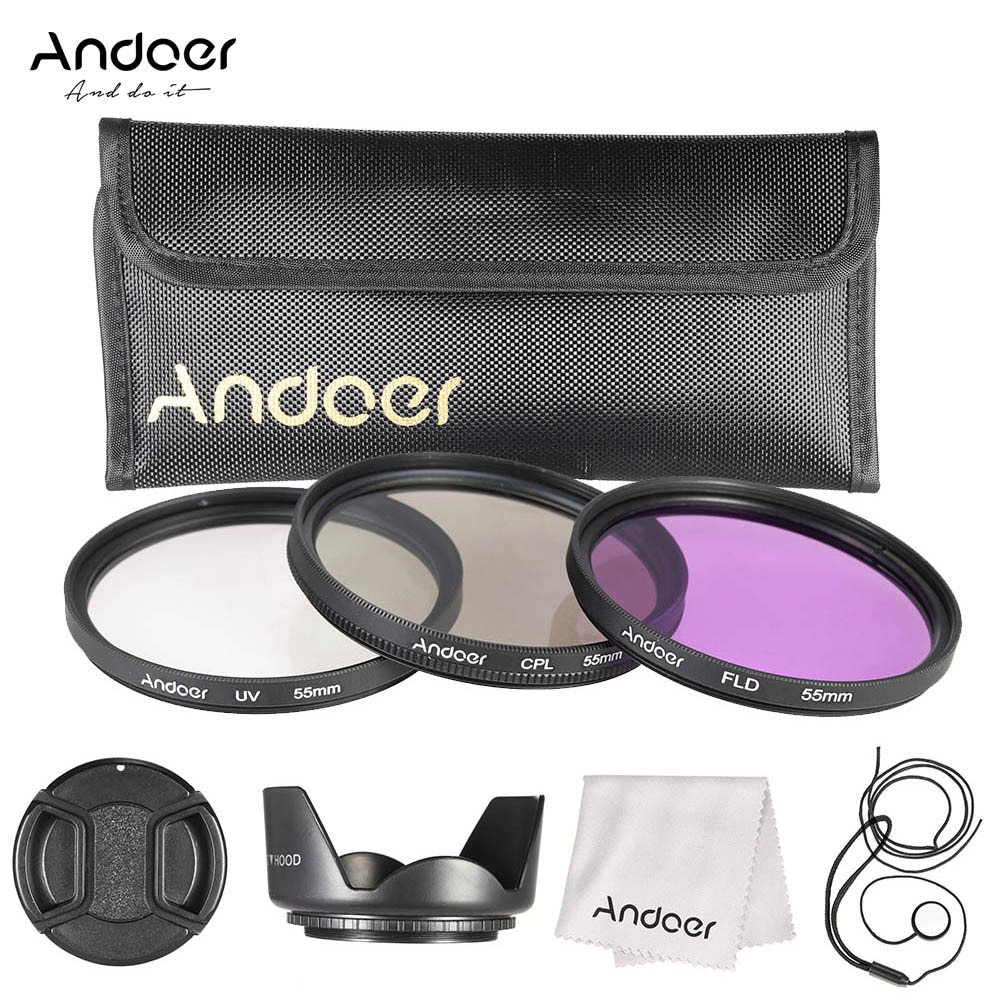 Andoer 55mm Filter Kit (UV + CPL + FLD) + Nylon Carry Pouch + Lensdop + Lensdop + Zonnekap + Lens Schoonmaakdoekje