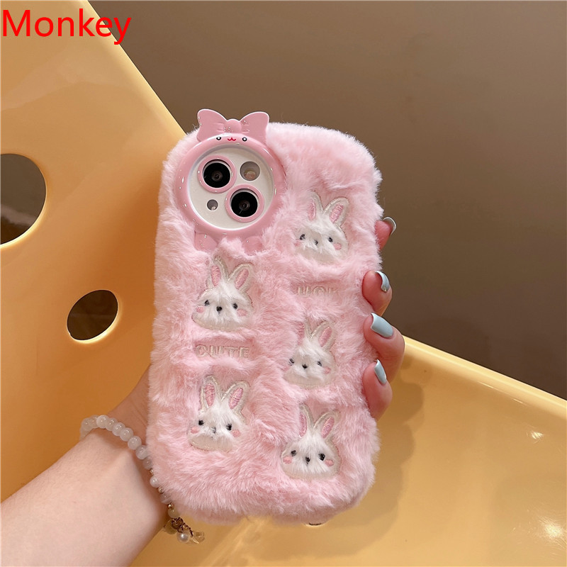 Fluffy plysj 3d søt kanin rosa telefondeksel til iphone 15 pro max deksler 14 12 11 pro max beskyttende mykt deksel til iphone 13 deksel: Plast / Rosa