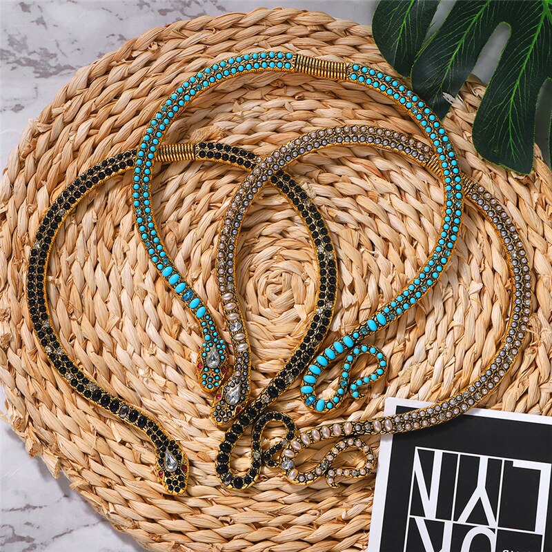 Blauw Turquoise Micron Pave Snake Ketting Antieke Egypte Stijl Cleopatra Buigbare Ketting Sexy Wild Choker Snake Ketting