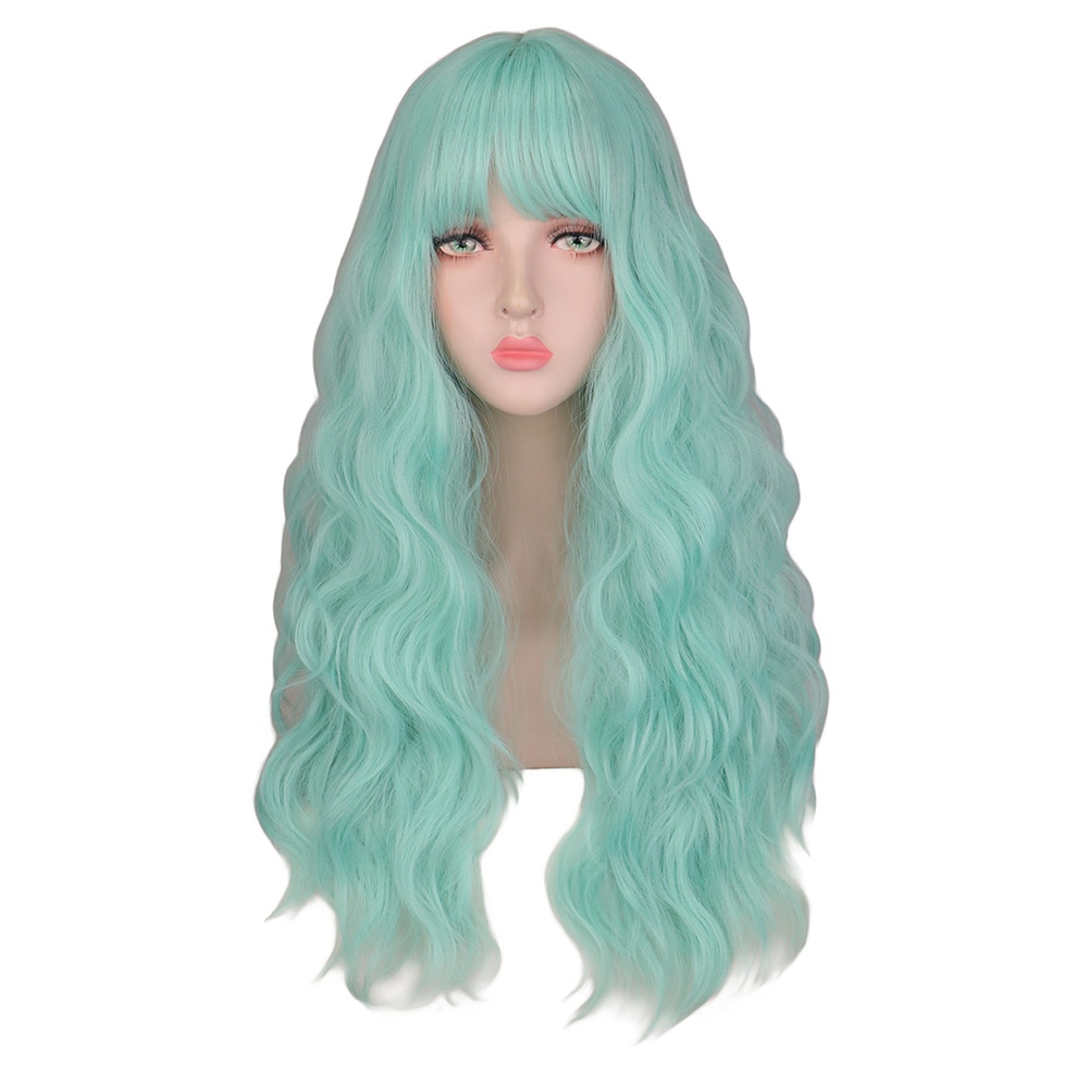 Extravagante w longo ondulado perucas peruca feminina com franja resistente ao calor sintético hortelã verde para afro-americano cosplay cabelo