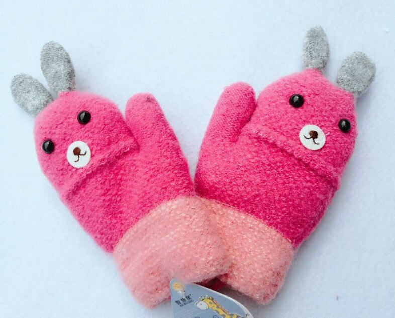 Para 2-4y alta qualidade winte bebê crianças luvas de malha inverno caixa coelho pacote das crianças dedos luvas quentes 2018: red