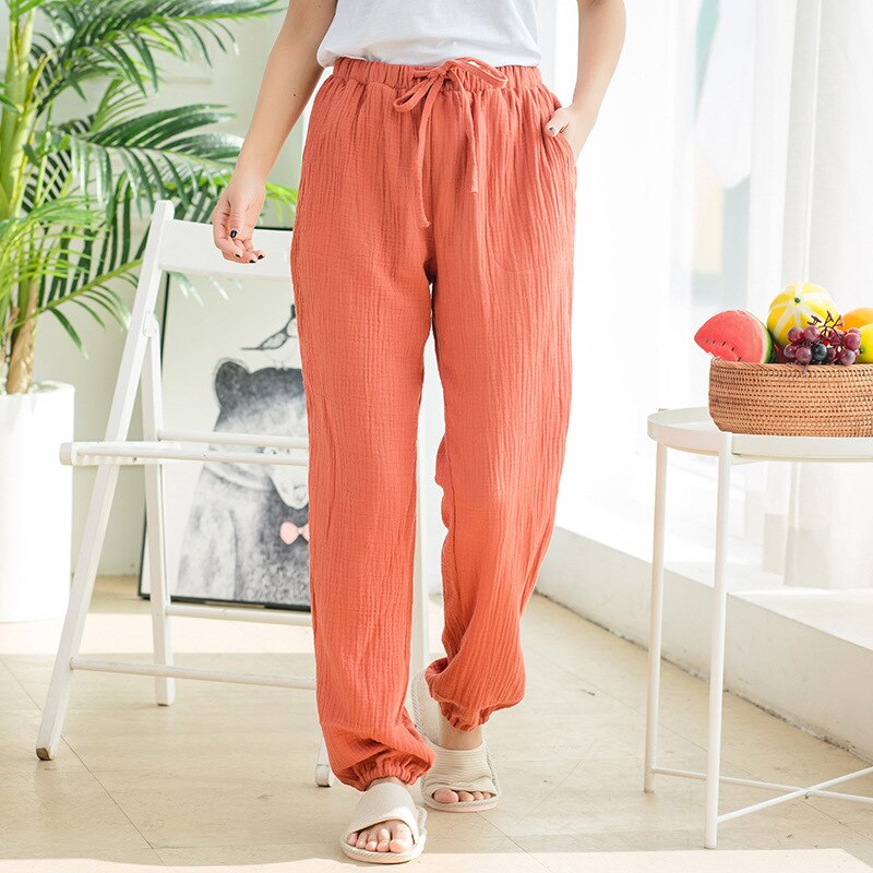 Womens Pure Cotton Yarn Pyjamas Solid Color Slim Home Pants Elastic Waist Pocket Sleep Bottoms Lounge Pants Pajamas for Women: orange red / XL