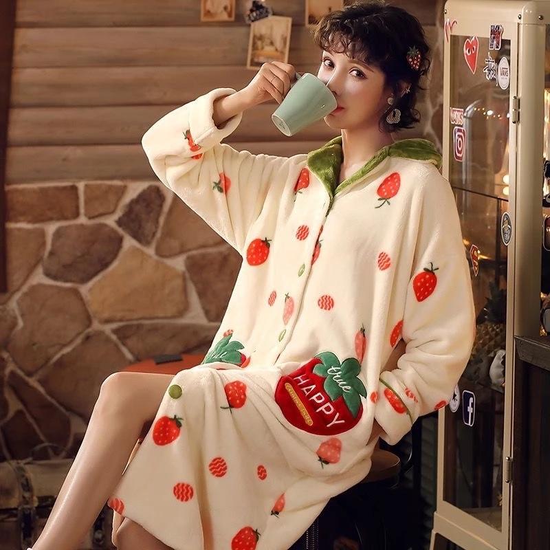 Bata de baño de manga larga para mujer, bata de franela gruesa de un solo pecho, con forro polar, para Otoño e Invierno