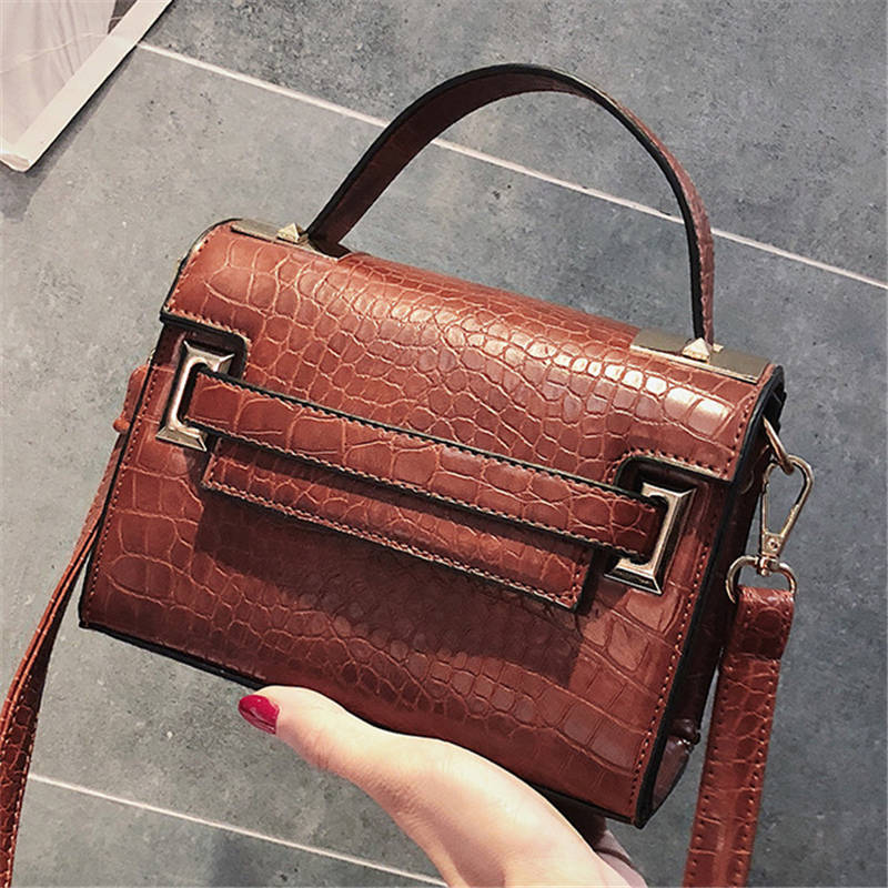 SGARR Damhandväska i PU-läder - Liten Casual Krokodil Crossbody Tote: Brun