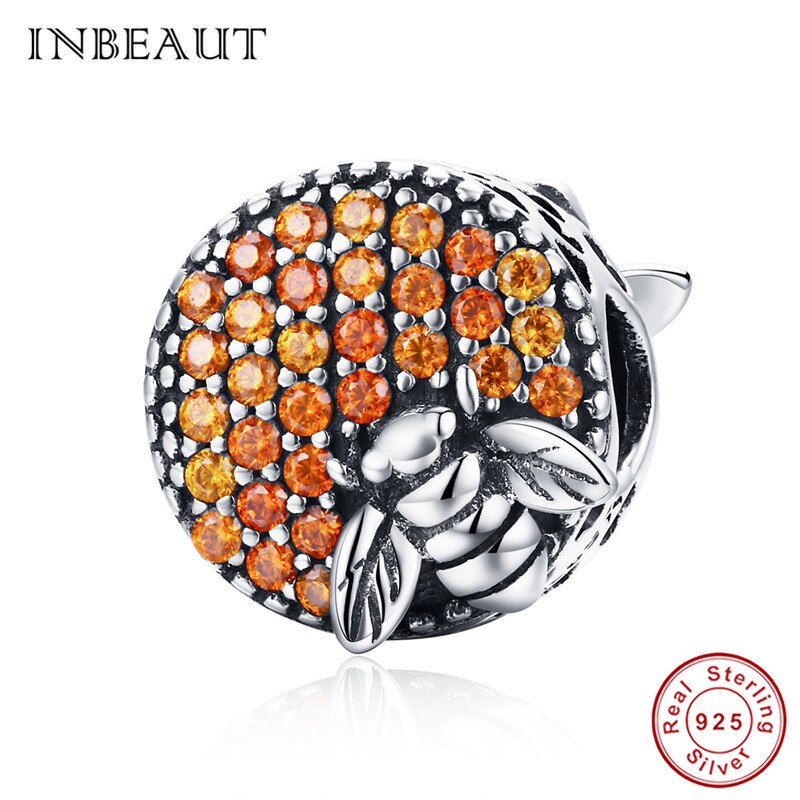 Inbeauté pingente de prata esterlina 100%, amarelo esmalte, abelha, redondo, marrom, zircônia cúbica, ninho de abelha, pulseira de marca fit: sc654