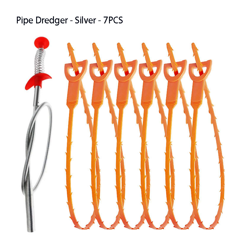 Pipe Dredger Clog Remover Tool Set Drain Clog Remover Hair Pipe Bathtub Shower Toilet Sink And Drain Cleaner Accessories: (Silver Pipe)7PCS
