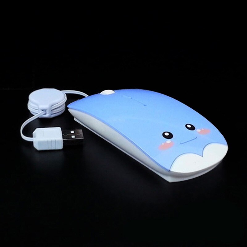 Retractable Wired Mouse Cartoon Gaming Mouse Silent Computer Mouse 1600DPI Optical Mouse Pink Blue White Mouse