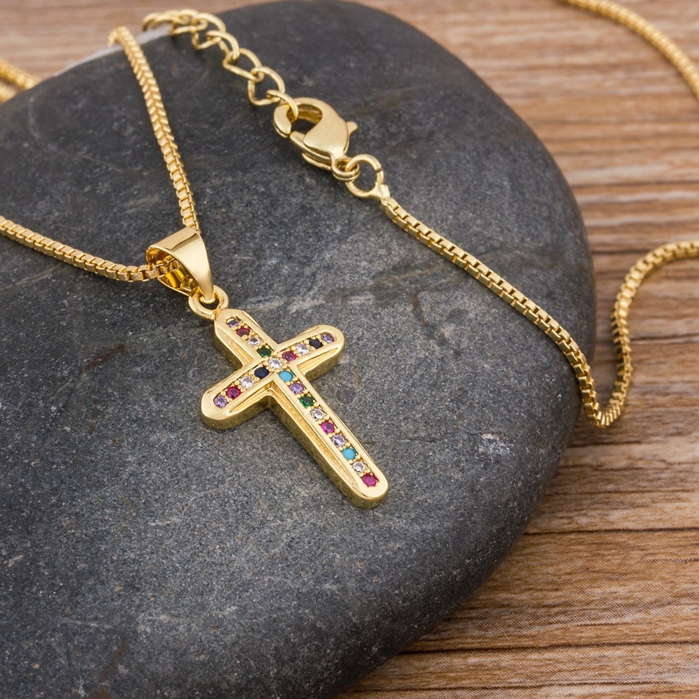 Cute Female Crystal Zircon Necklace Classic Cross Style Pendant Necklace Colorful Choker Necklace For Women