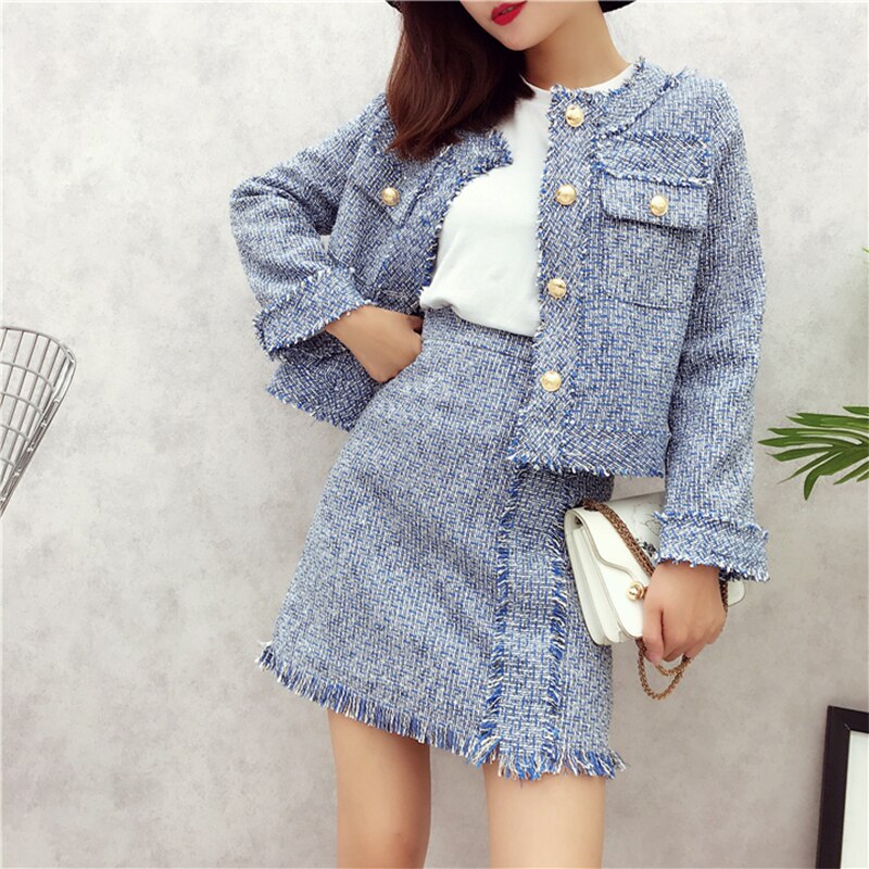 Tweed Set Suit Autumn Winter Runway Women's Single Breasted Short Jacket Coat + High Waist Tassels Bodycon Mini Skirt Set: Blue Set / XL