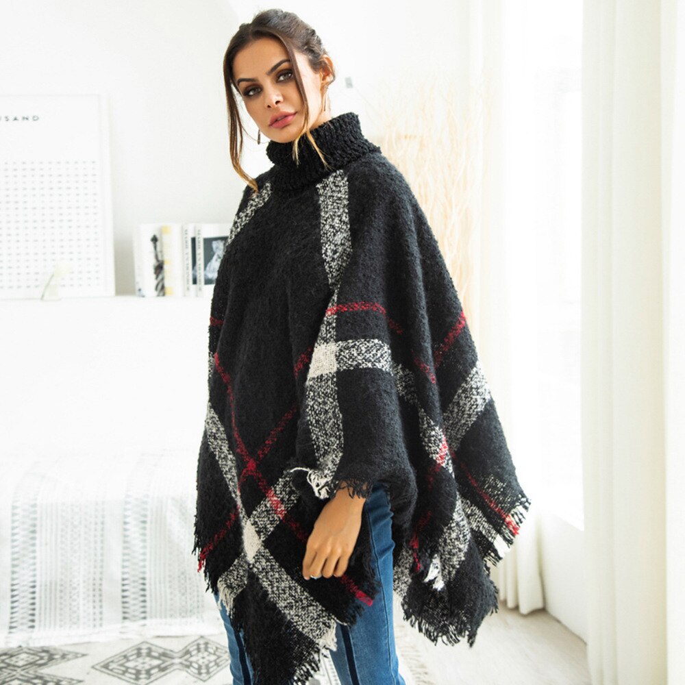 NORA TWIPS Women Sweater Plus Size Women's Wool Plaid Cardigan Turtleneck Cape Batwing Sleeve Knit Poncho Sweater