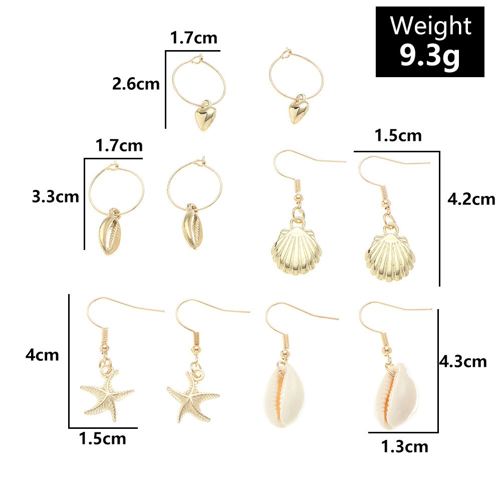 Simple Shell Earrings Womens Girls 5 Pairs Alloy Heart Sea Starfish Star Bohemian Stud Earrings Jewelry For Summer