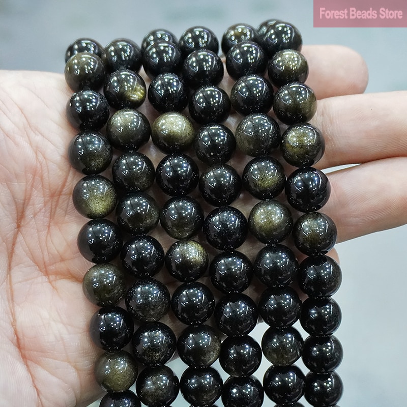 Smooth Gold Obsidian Natural Stone Round Beads for Jewelry Making 15" Strand 4 6 8 10 12 14MM DIY Bracelet Necklace Accessories