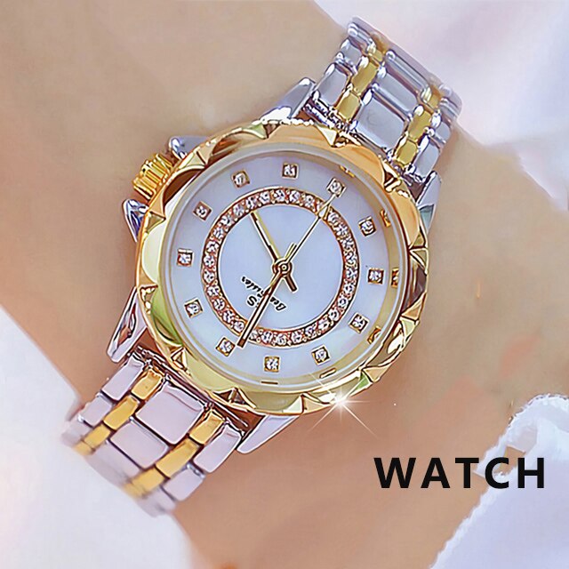 Diamant Vrouwen Luxe Horloge Strass Elegante Dames Horloges Gouden Klok Horloges Voor Vrouwen Relogio Feminino: silver gold