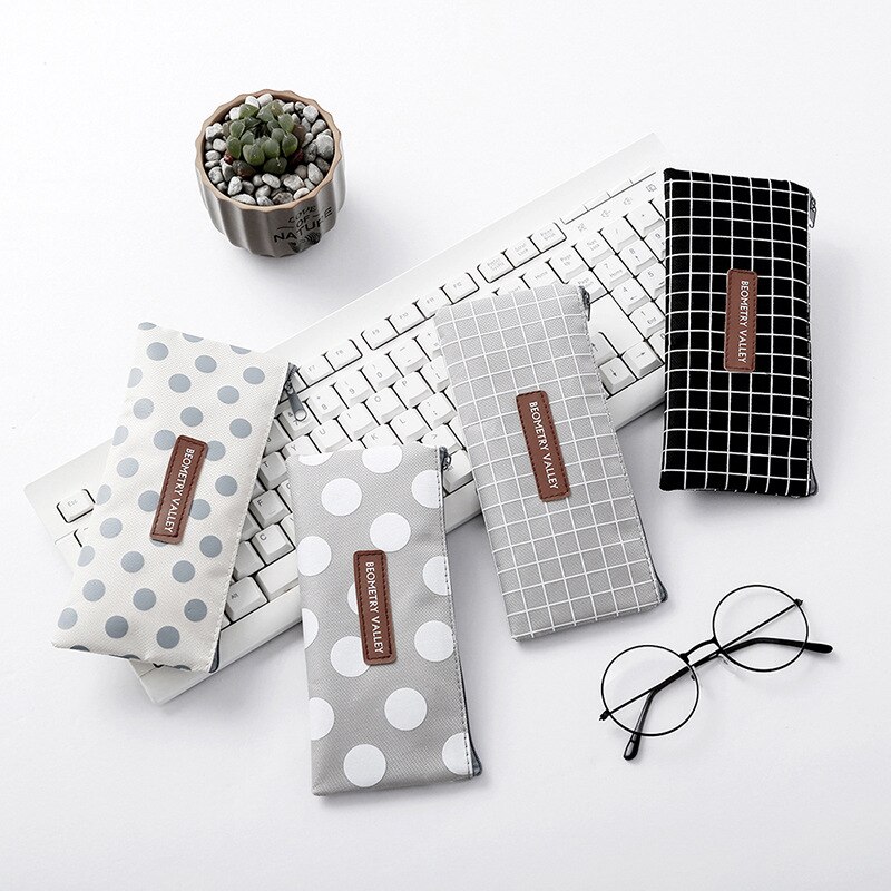 1 Pcs Kawaii Simple Grid Dot Canvas Pencil Bag Stationery Storage Organizer Pencil Case Office School Supply Pencil Box